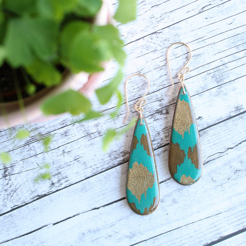 NO MAN'S LAND ARTIFACTS:  Teardrop Teal + Gold Indian Paper Earrings